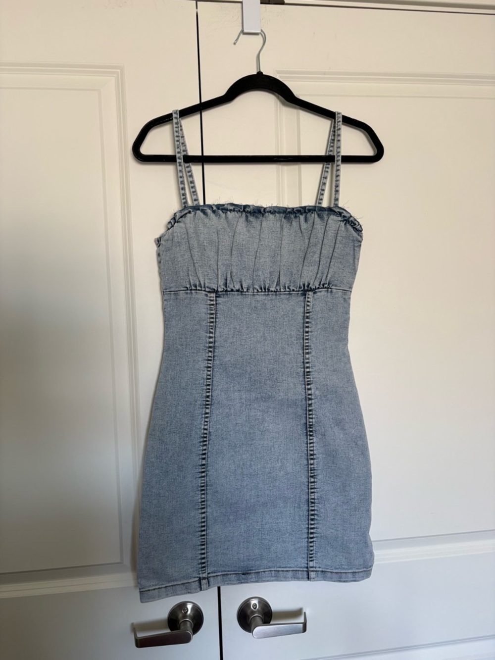H&M Light Blue Denim Mini Dress with Ruched Bodice